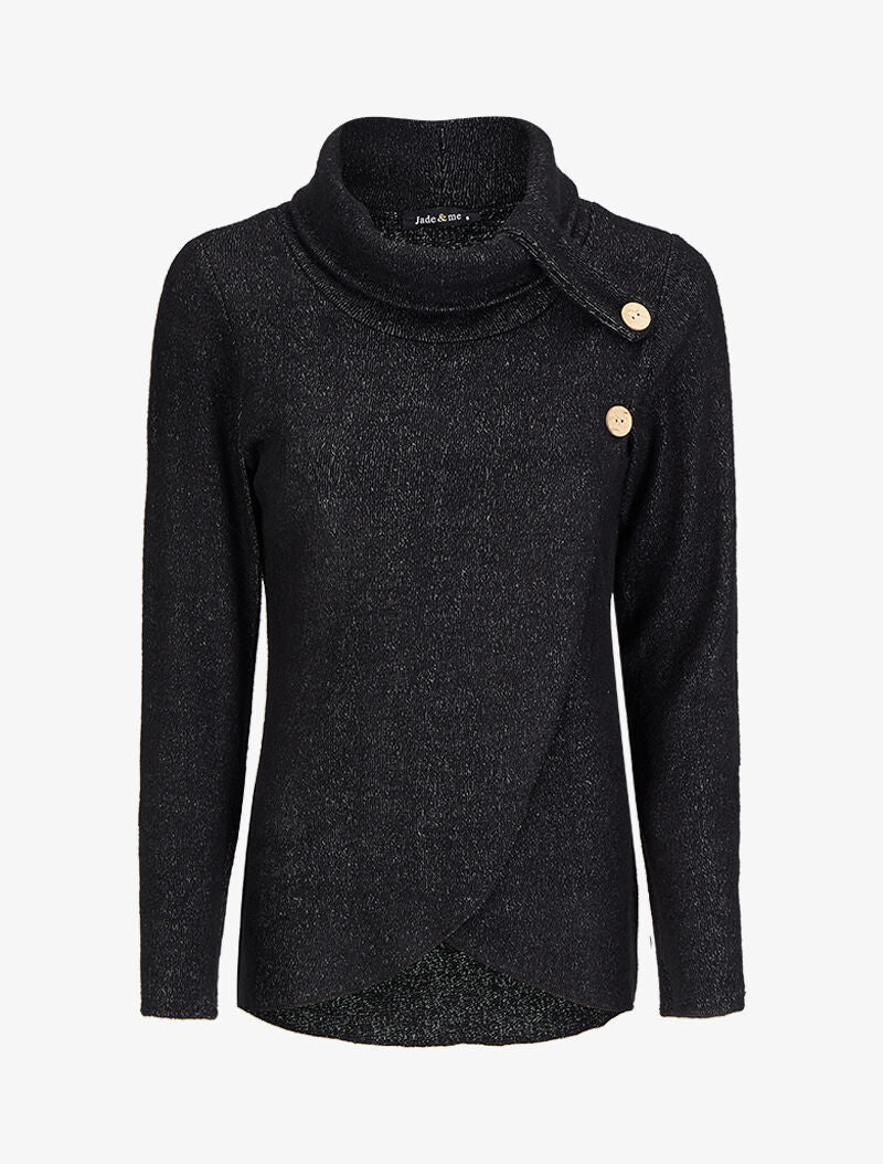 Pull à col roulé à détails boutons et pans avant croisés - Noir