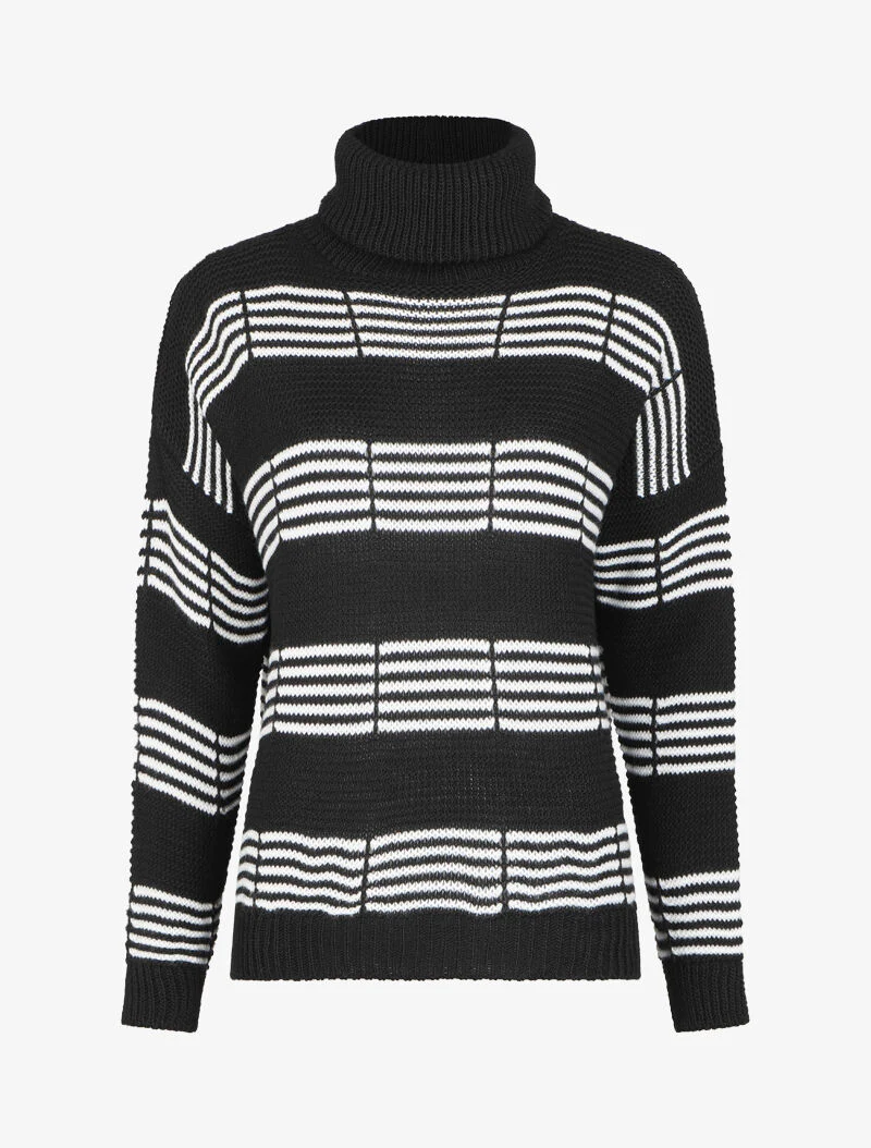 Pull à col roulé et rayures stylisées - Noir