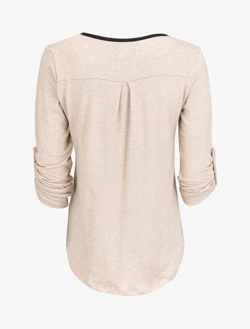 Pull à col tunisien et manches rabattables - Beige - Image 2