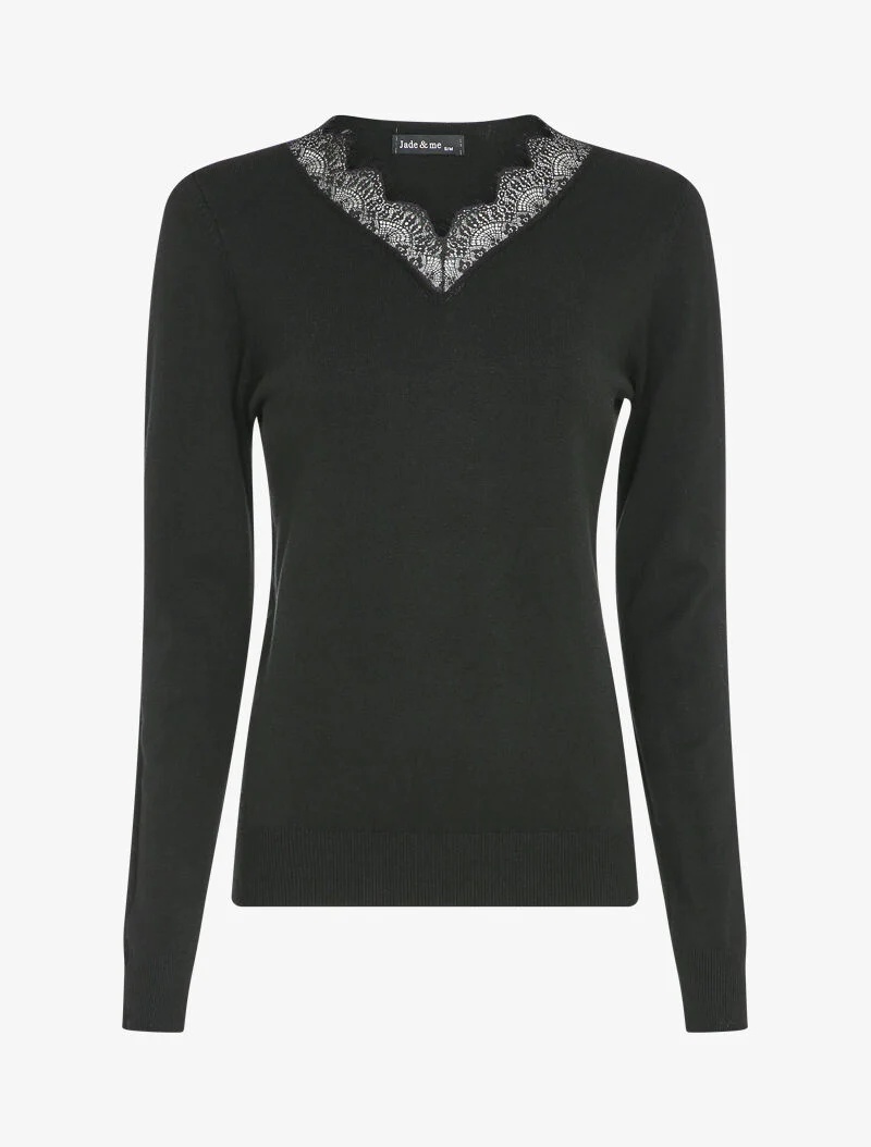 Pull à col V en dentelle - Noir