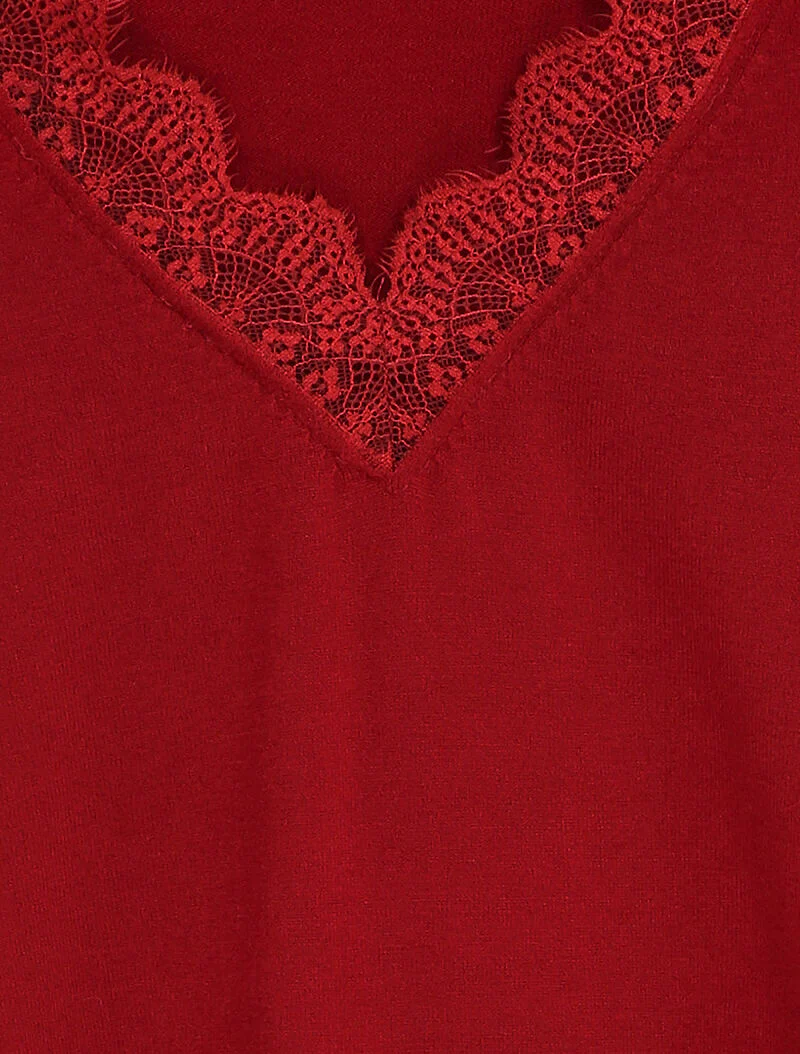 Pull à col V en dentelle - Rouge - Image 3