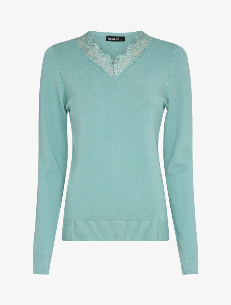 Pull à col V en dentelle - Bleu ciel