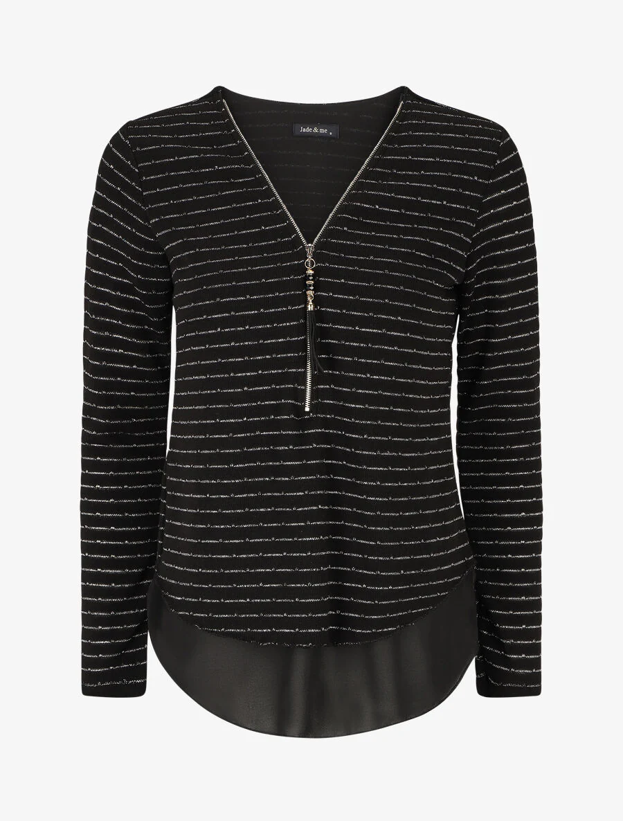 Pull à col V en voile superposé à rayures irisés - Noir