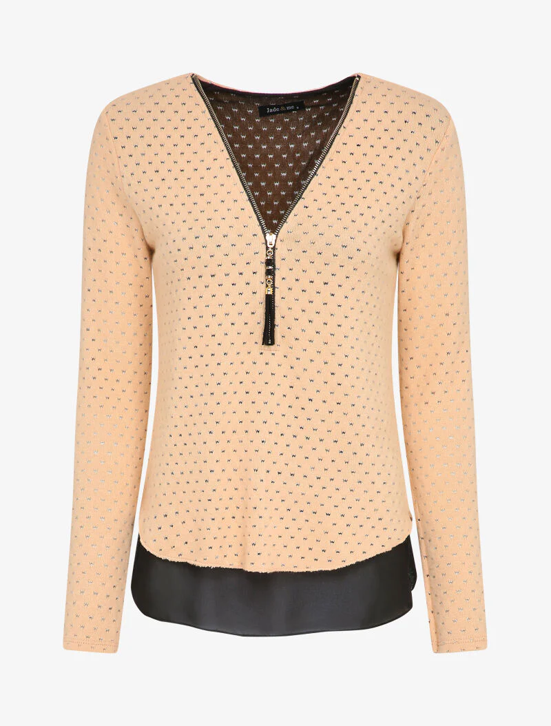 Pull à col V zippé en voile superposé - Rose