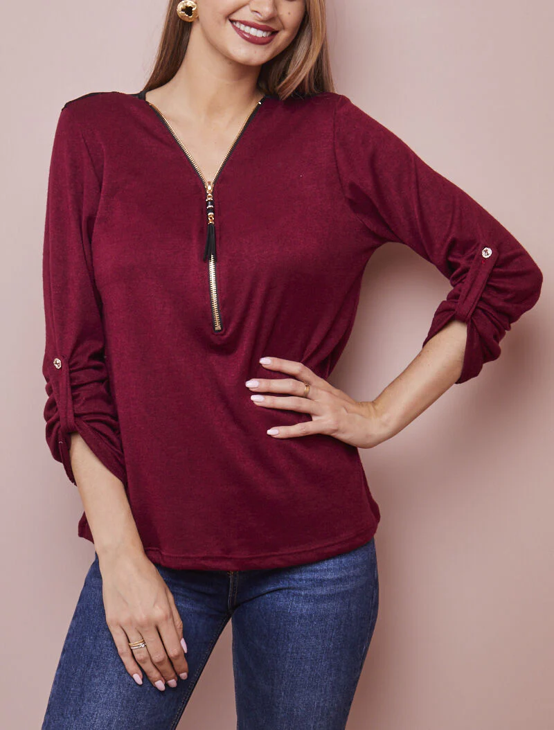Pull à col zippé et à épaules dentelle - Bordeaux