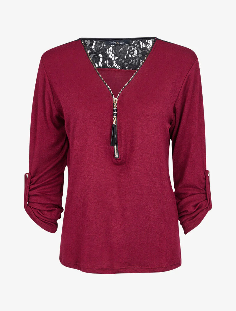 Pull à col zippé et à épaules dentelle - Bordeaux - Image 2
