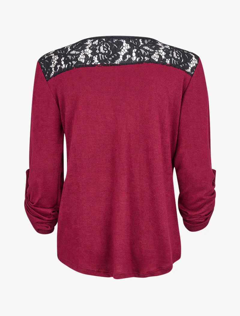 Pull à col zippé et à épaules dentelle - Bordeaux - Image 3