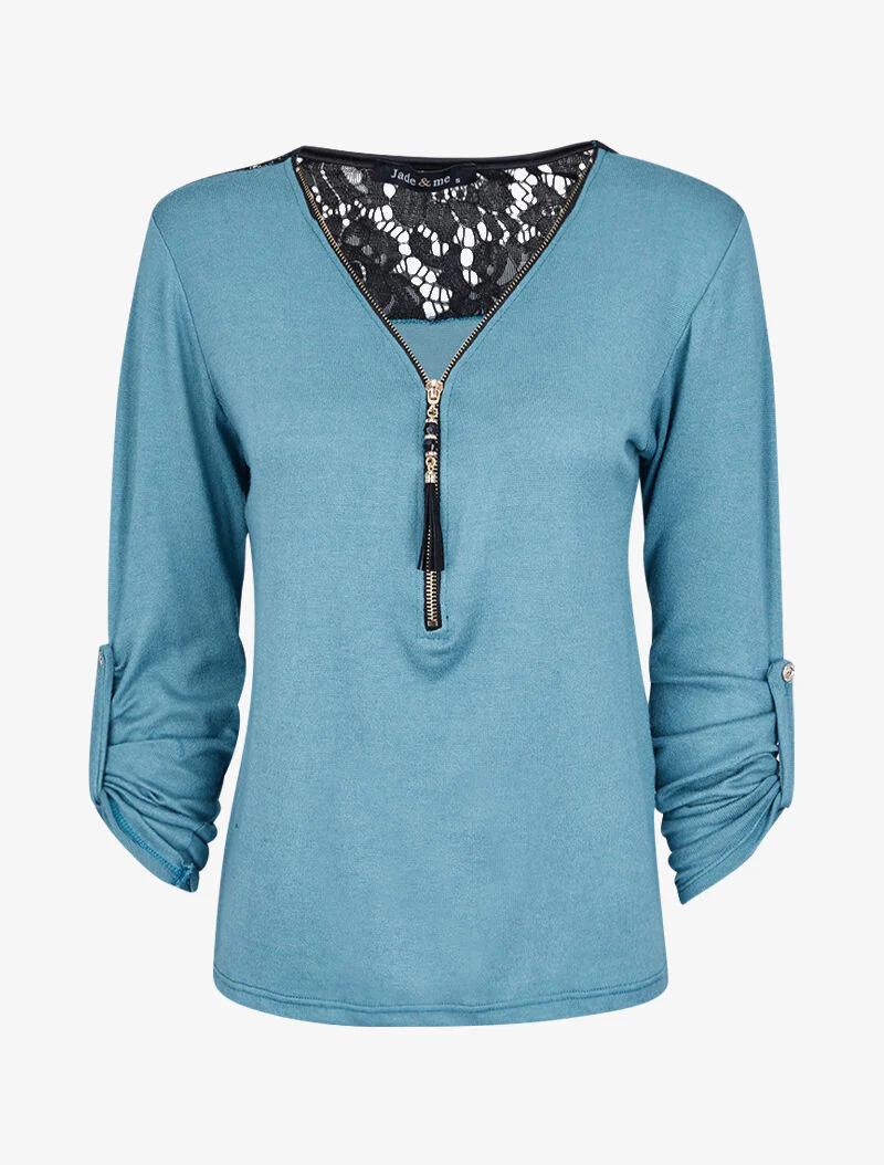 Pull à col zippé et à épaules dentelle - Bleu clair