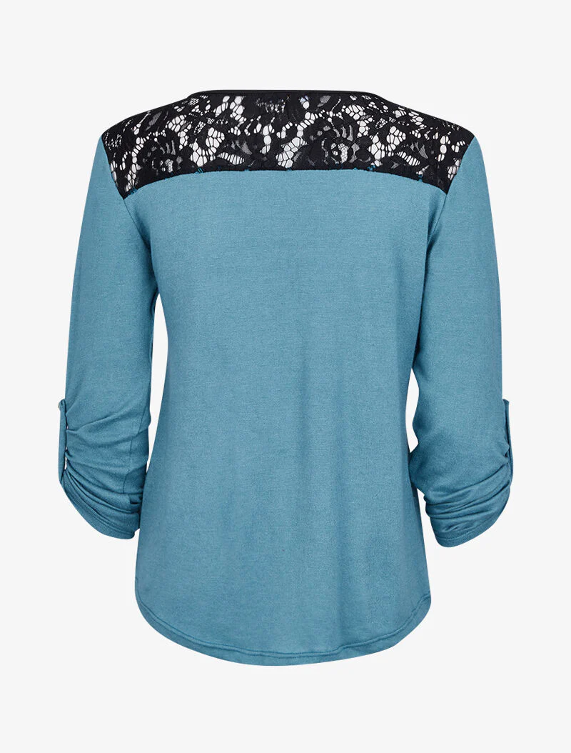 Pull à col zippé et à épaules dentelle - Bleu clair - Image 2
