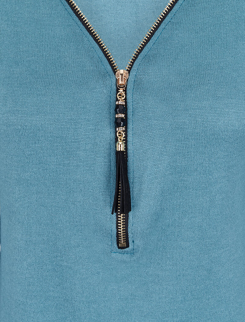 Pull à col zippé et à épaules dentelle - Bleu clair - Image 3