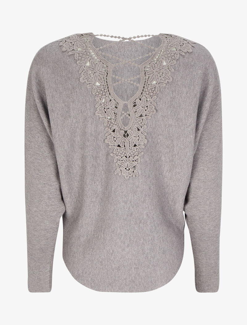Pull à dos en crochet ajouré et manches dolman - Gris chiné - Image 2