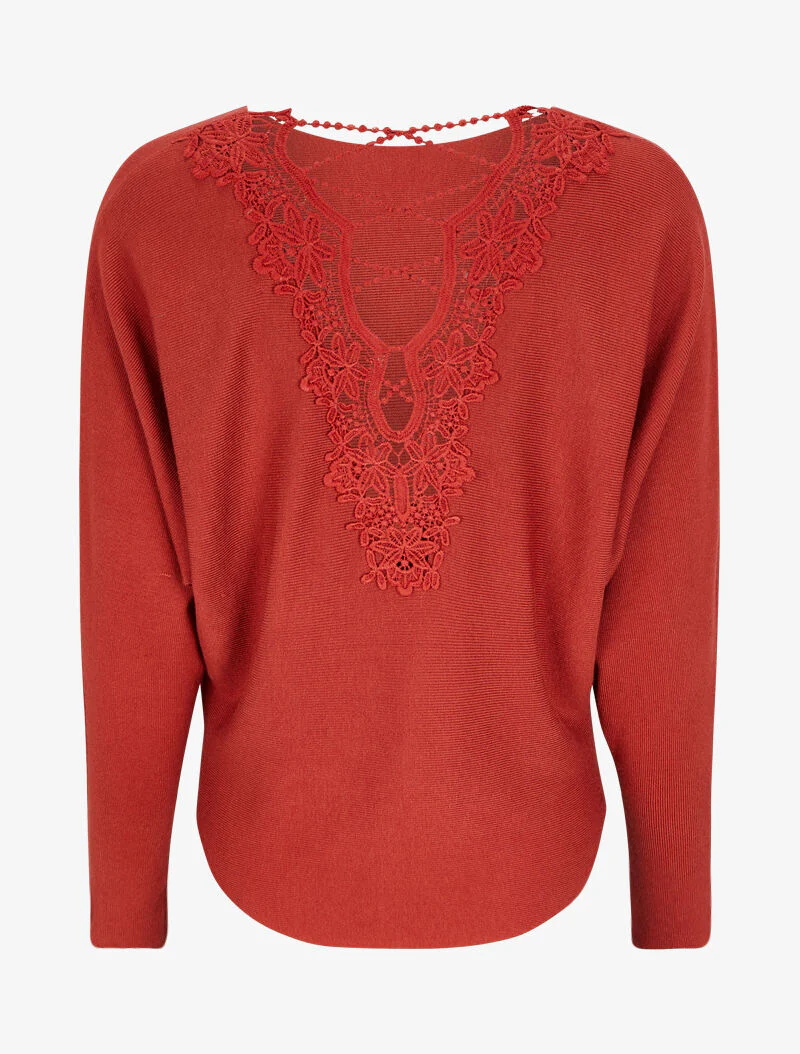 Pull à dos en crochet ajouré et manches dolman - Brique - Image 2