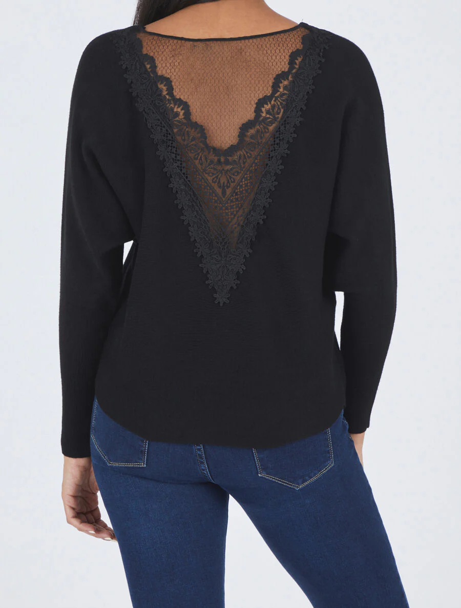 Pull à dos en dentelle - Noir