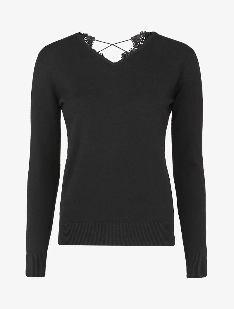 Pull à dos en V ouvert en crochet stylisé ajouré - Noir