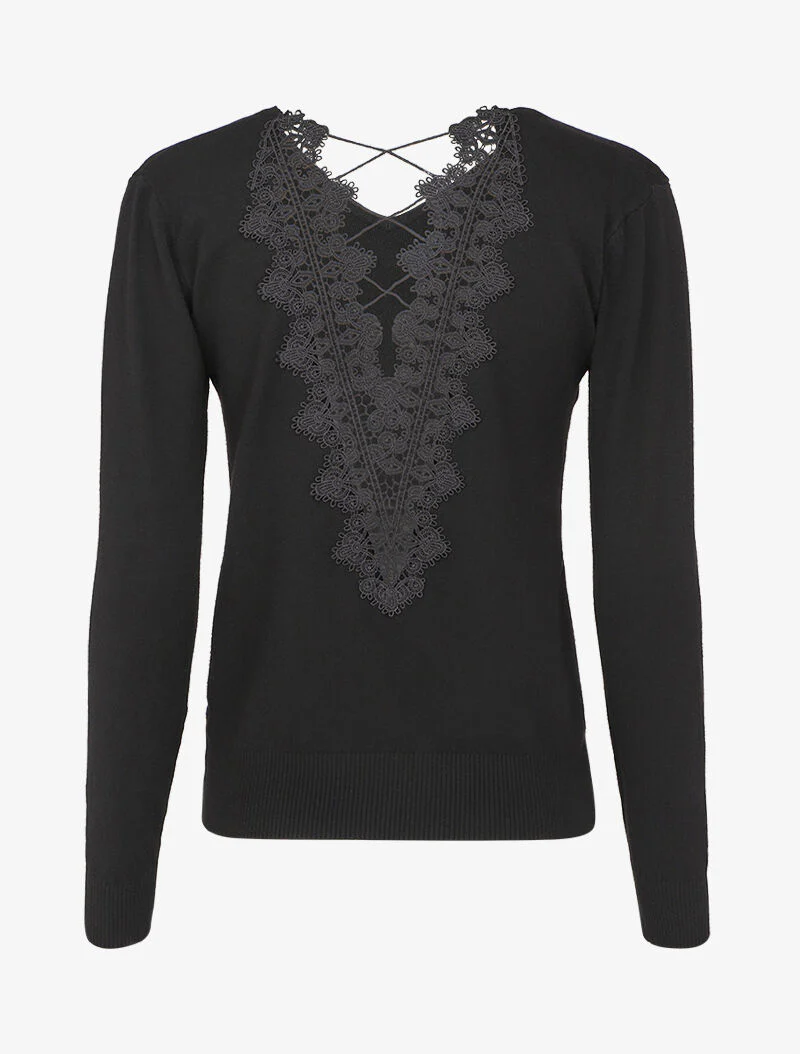 Pull à dos en V ouvert en crochet stylisé ajouré - Noir - Image 2