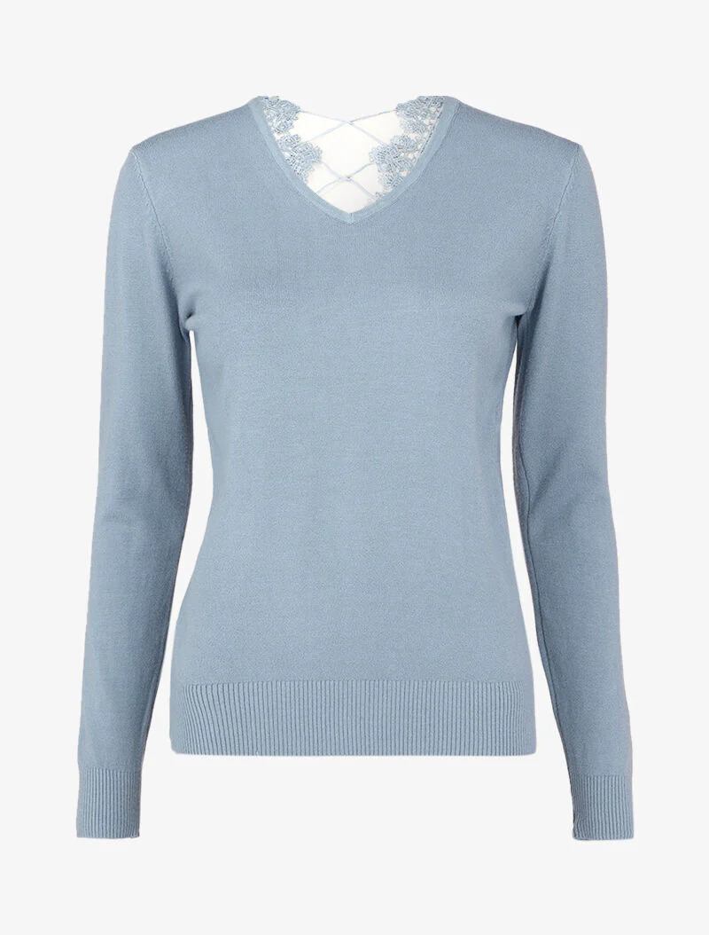 Pull à dos en V ouvert en crochet stylisé ajouré - Bleu