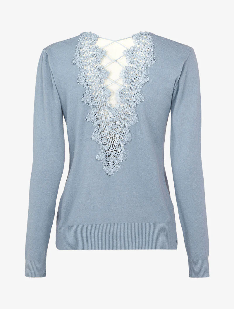 Pull à dos en V ouvert en crochet stylisé ajouré - Bleu - Image 2