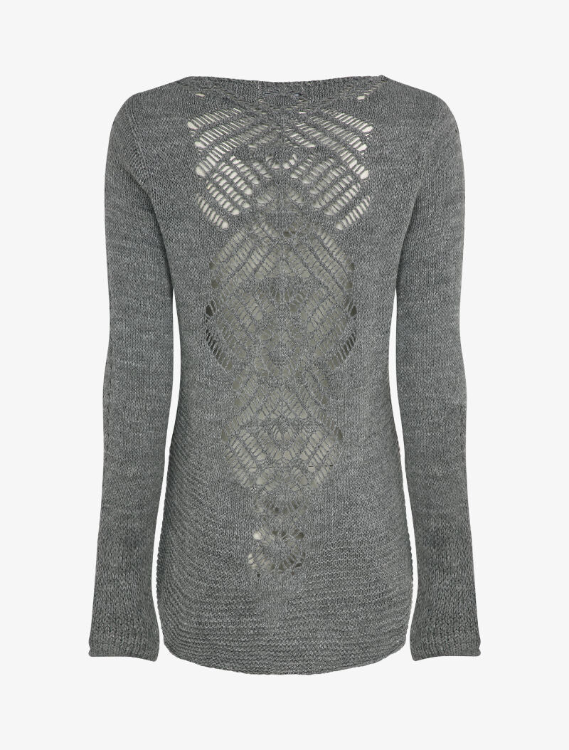 Pull à dos long ajouré et stylisé - Gris - Image 2