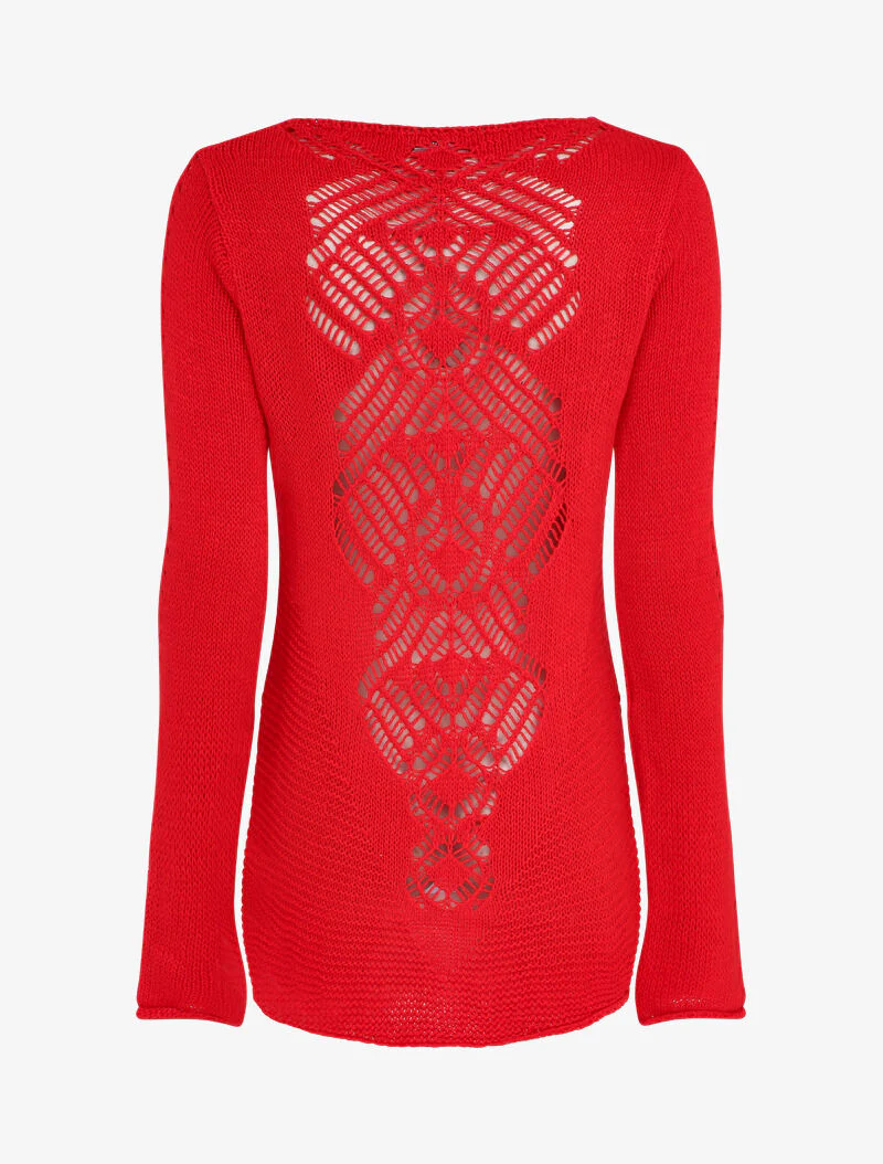 Pull à dos long ajouré et stylisé - Rouge - Image 2