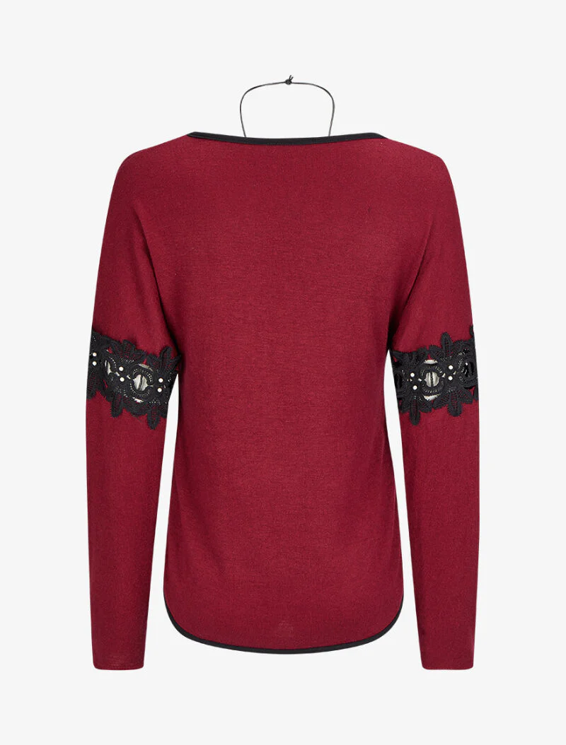 Pull à dos long et manches à détails broderies et perles - Bordeaux - Image 2