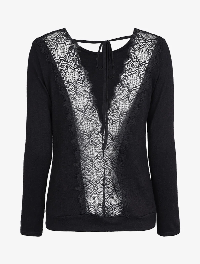 Pull à dos ouvert à détails dentelle - Noir