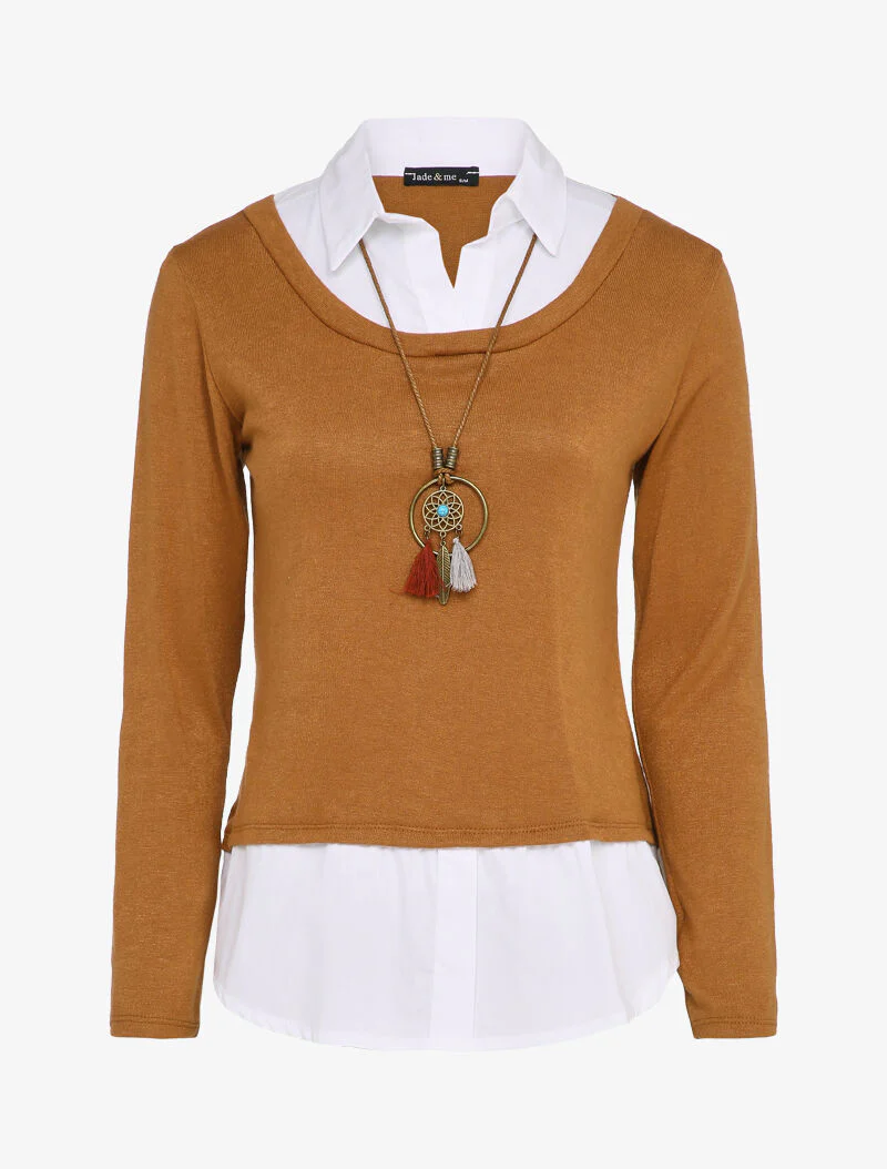 Pull à doublure style chemise en trompe l'oeil - Camel