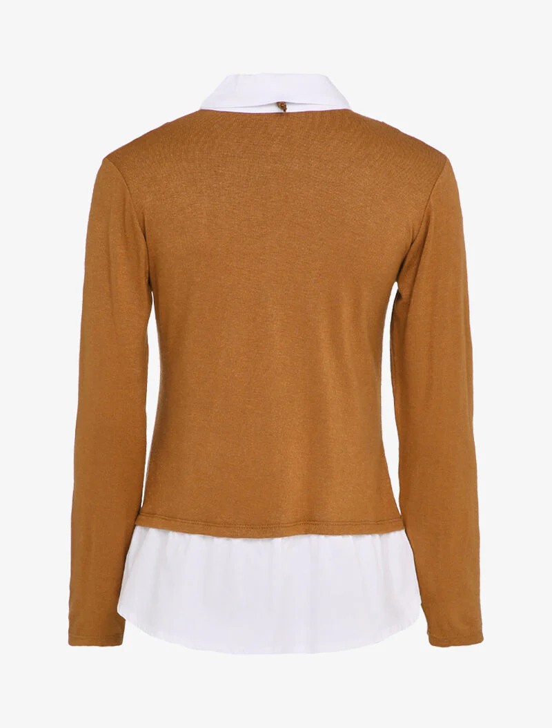 Pull à doublure style chemise en trompe l'oeil - Camel - Image 2