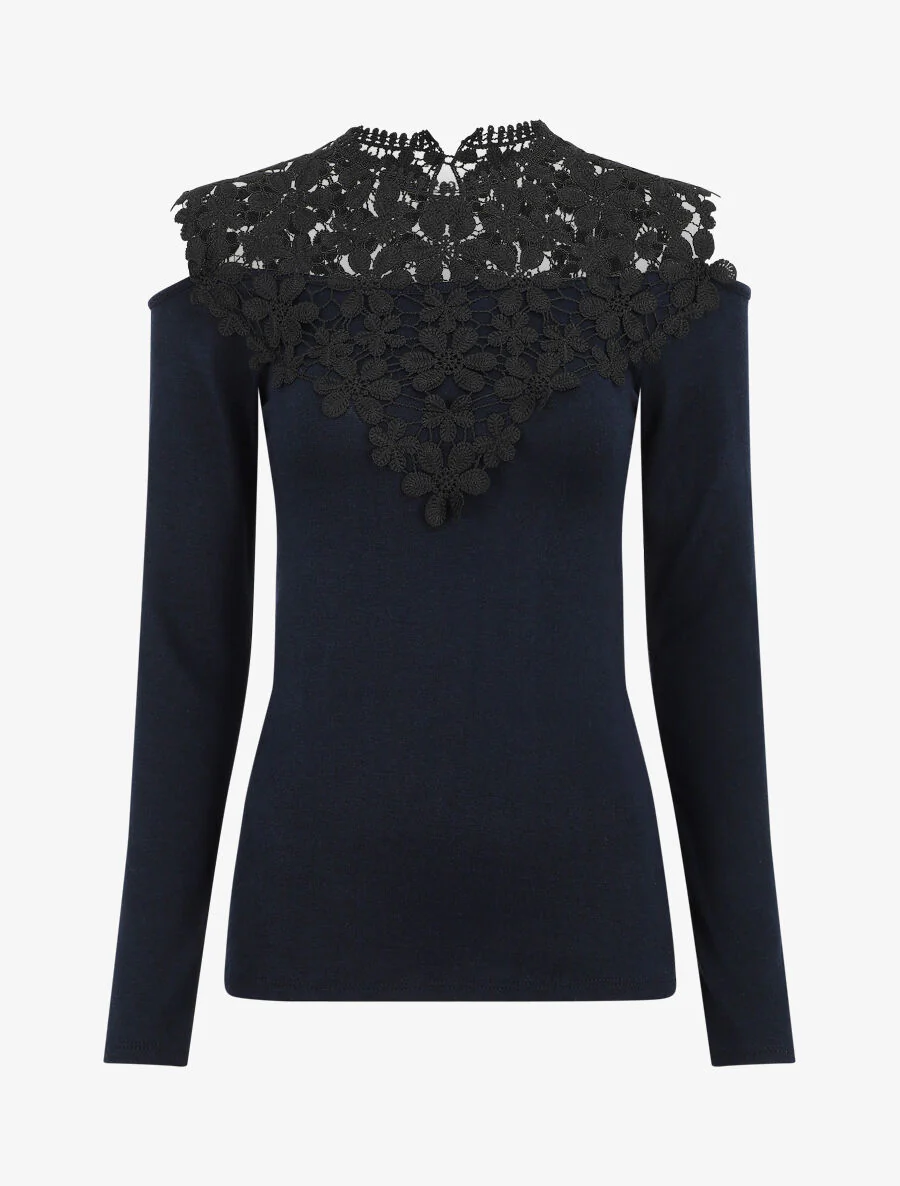 Pull à épaules ajourées en crochet - Bleu nuit