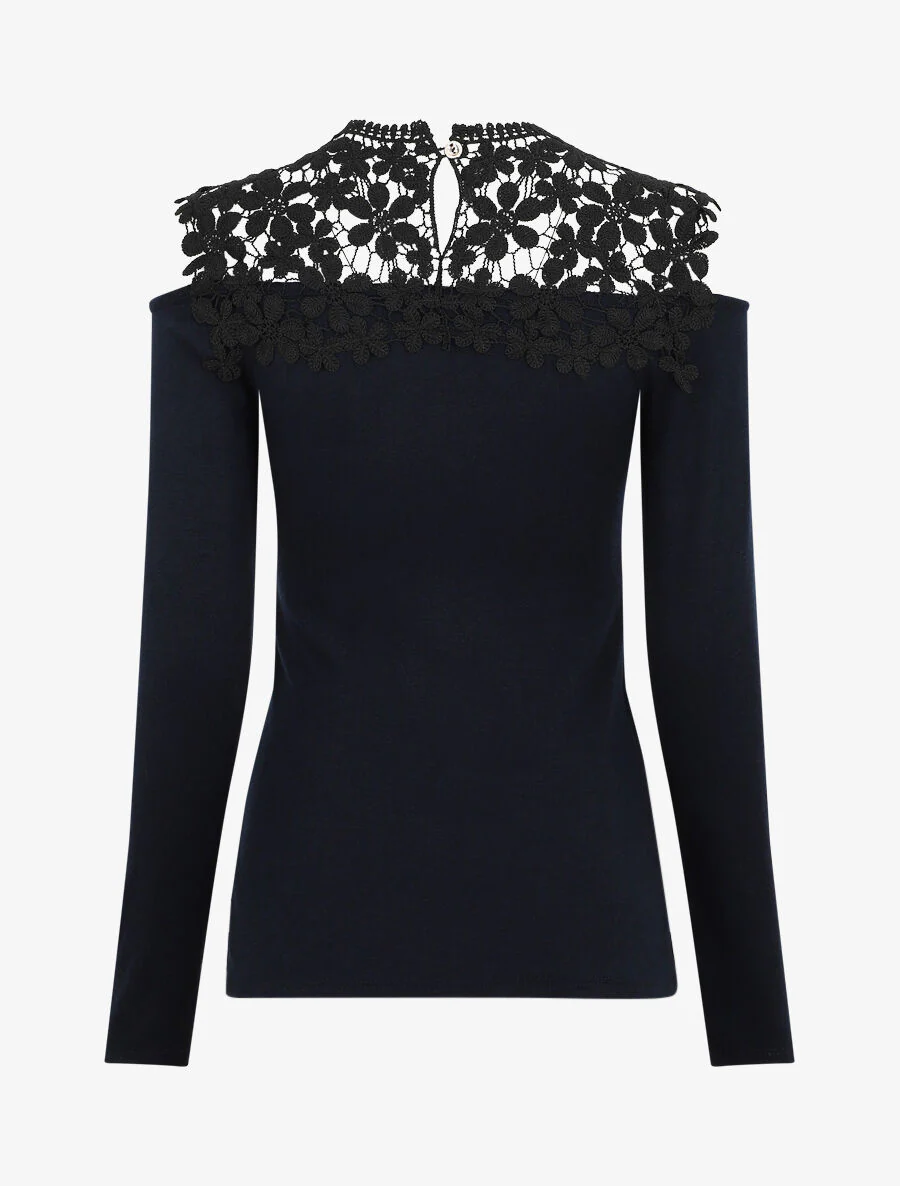 Pull à épaules ajourées en crochet - Bleu nuit - Image 2