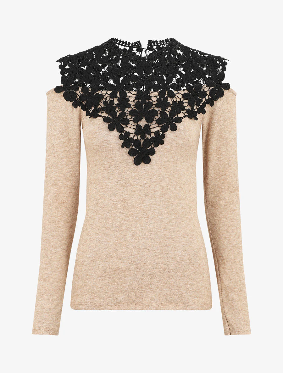 Pull à épaules ajourées en crochet - Beige