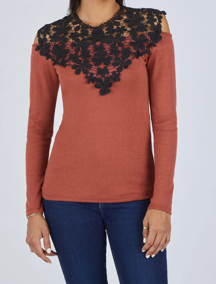 Pull à épaules ajourées en crochet - Terre de sienne - Image 4