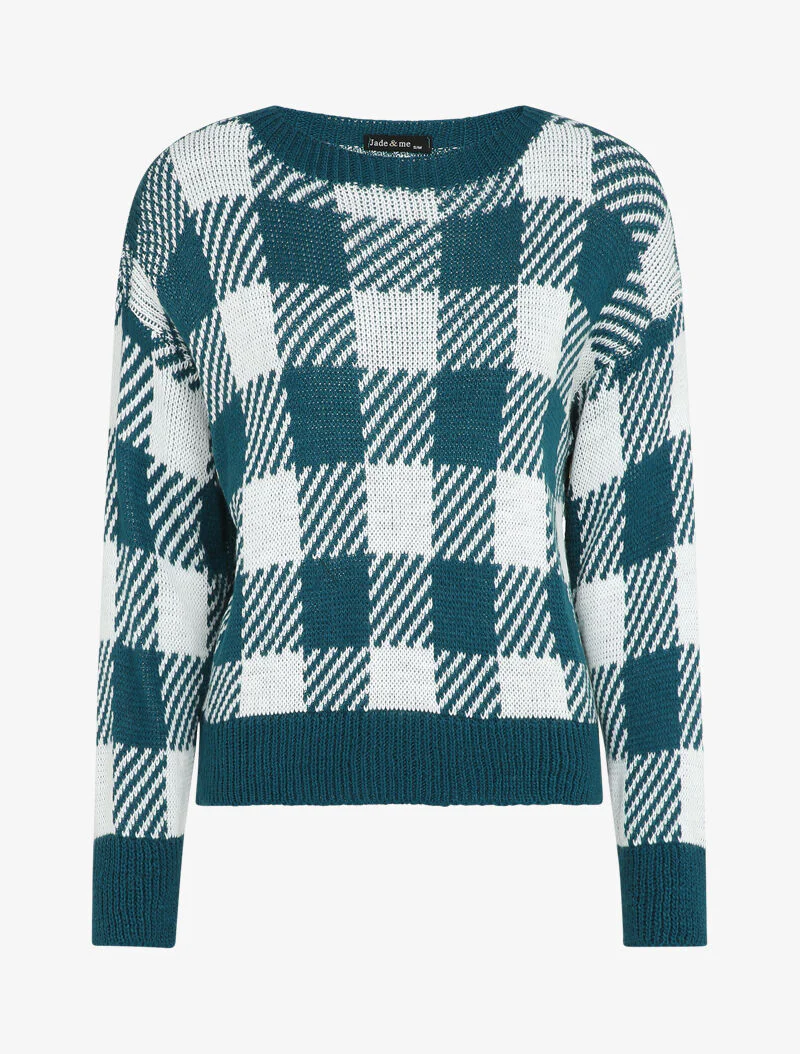 Pull à imprimé damier stylisé - Bleu canard