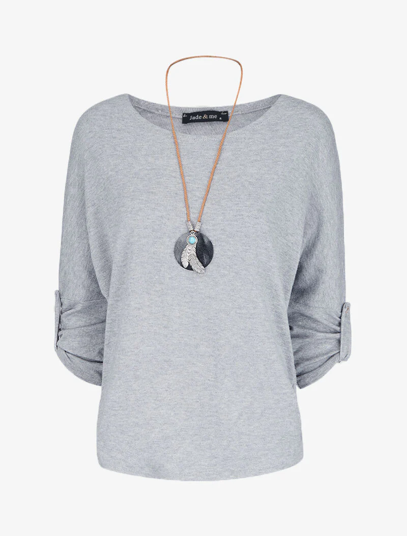 Pull à manches chauve-souris rabattables - Gris chiné
