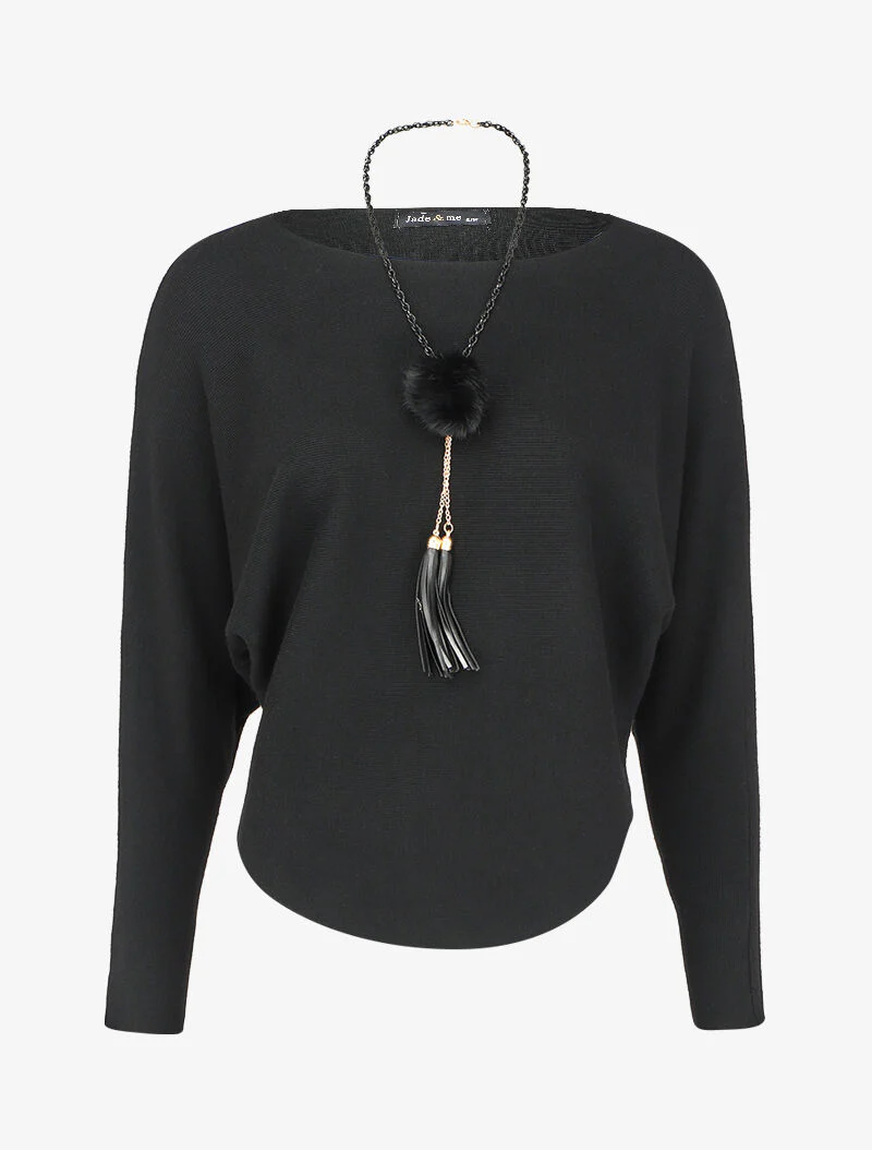 Pull à manches dolman et bords arrondis - Noir