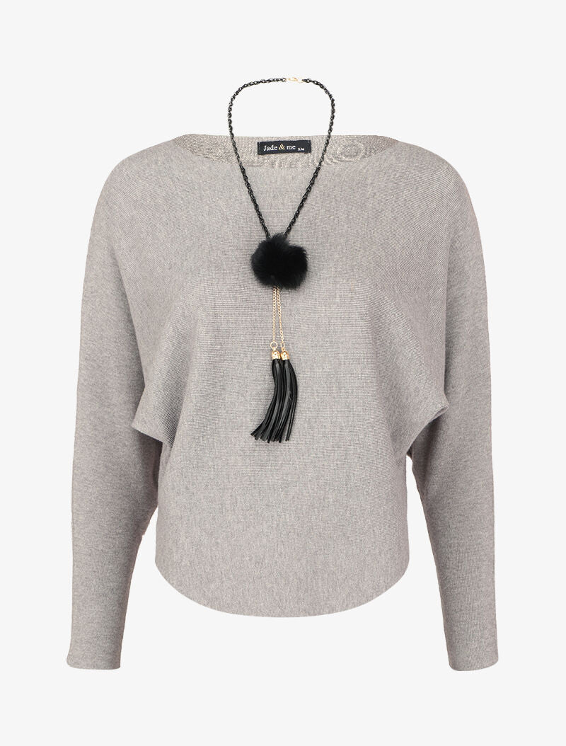 Pull à manches dolman et bords arrondis - Gris chiné