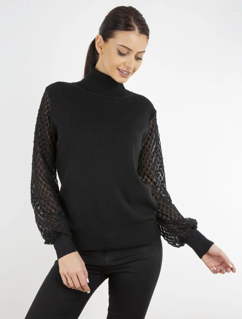 Pull à manches en dentelle imprimé - noir