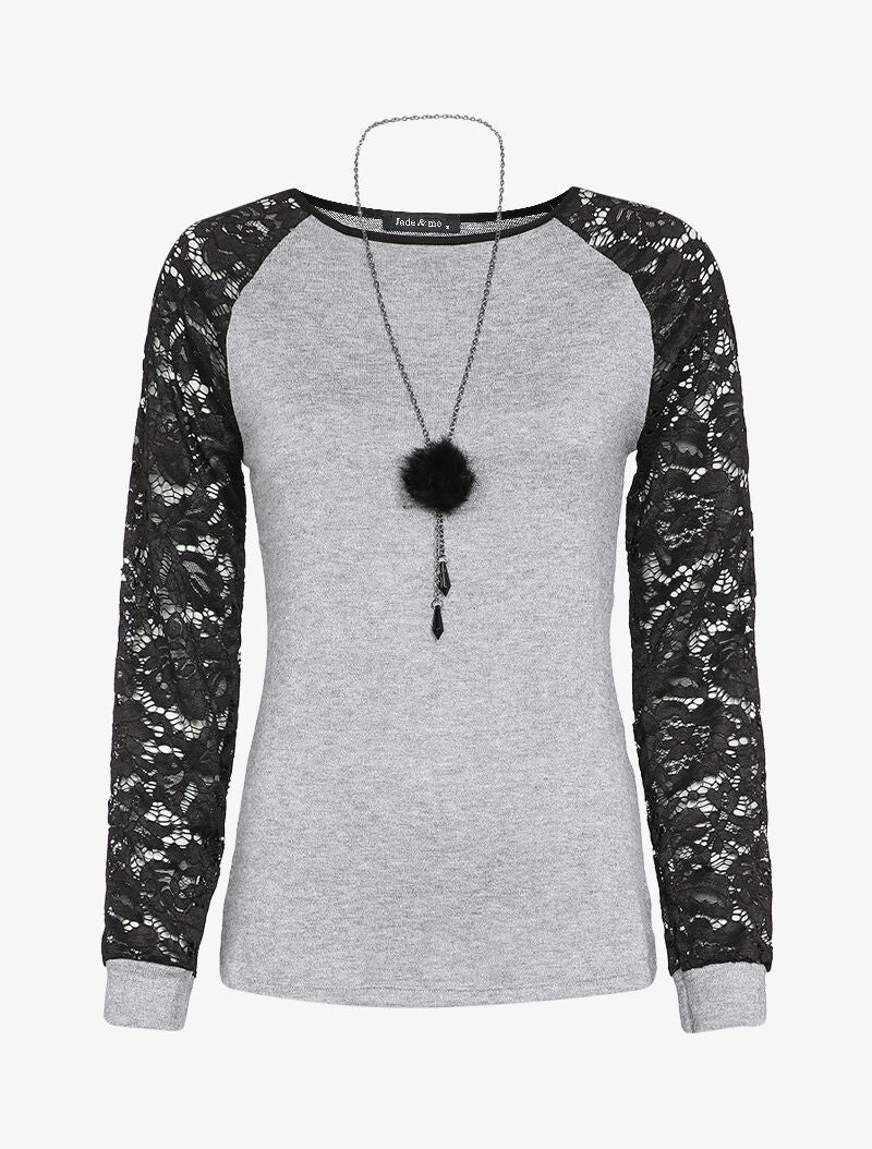 Pull à manches raglan en dentelle - Gris clair
