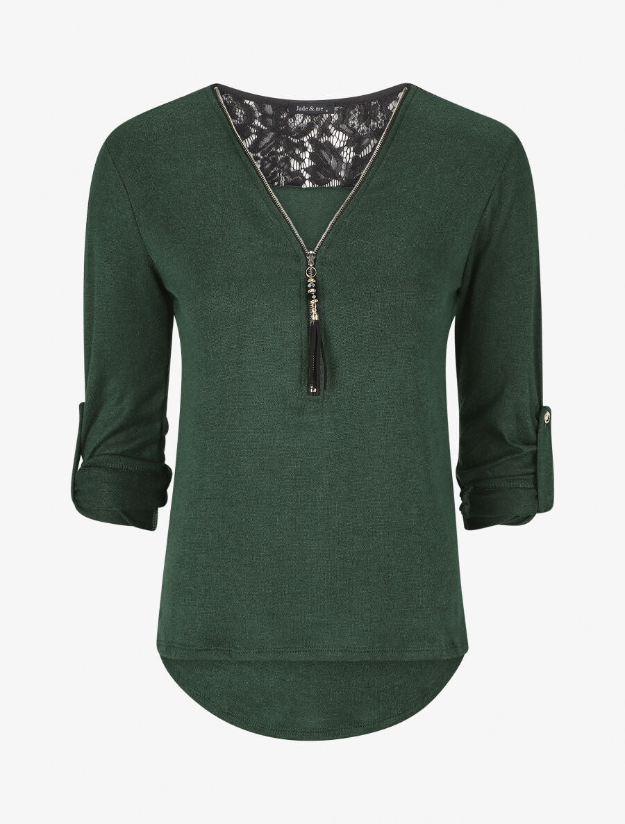 Pull à manches retroussables et dentelle - Vert sapin