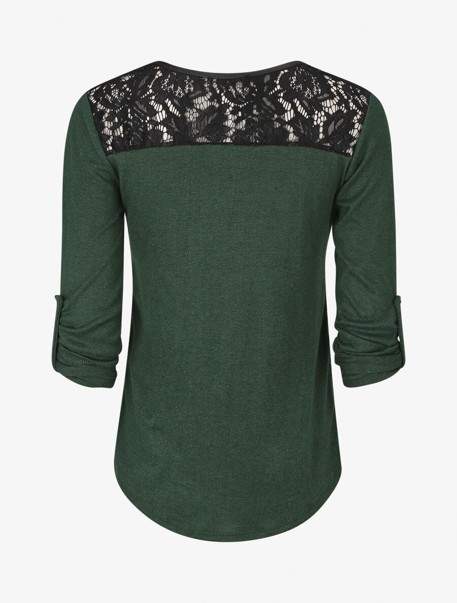 Pull à manches retroussables et dentelle - Vert sapin - Image 2
