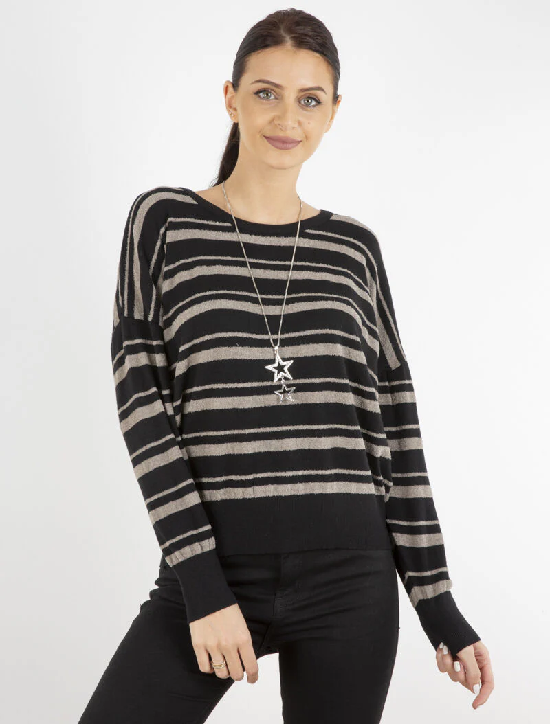 Pull à rayures en pilou - gris/noir