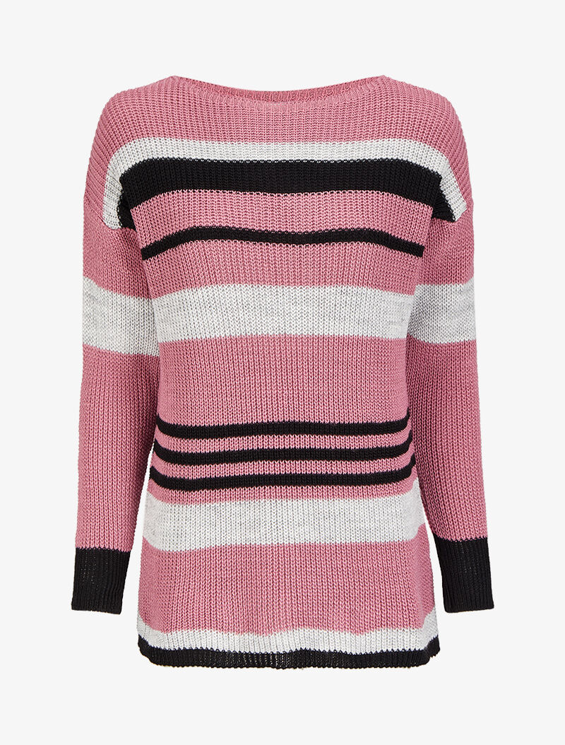Pull à rayures et col bateau - Vieux rose