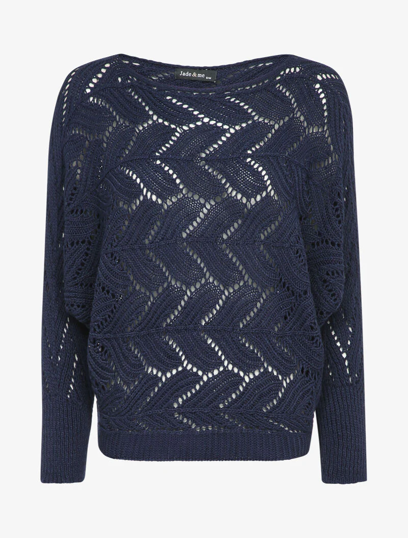 Pull ajouré à col bateau et manches dolman - Marine