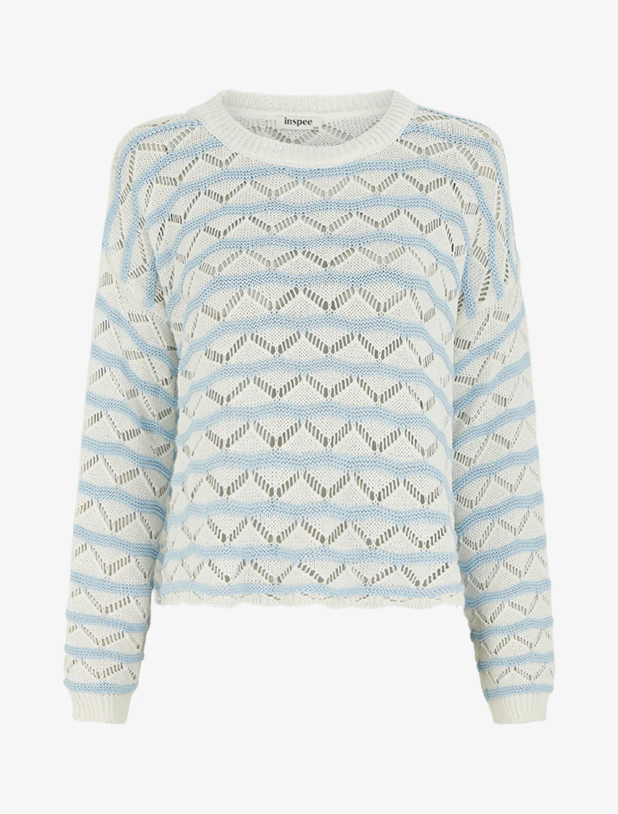 Pull ajouré à rayures fantaisies - Bleu ciel