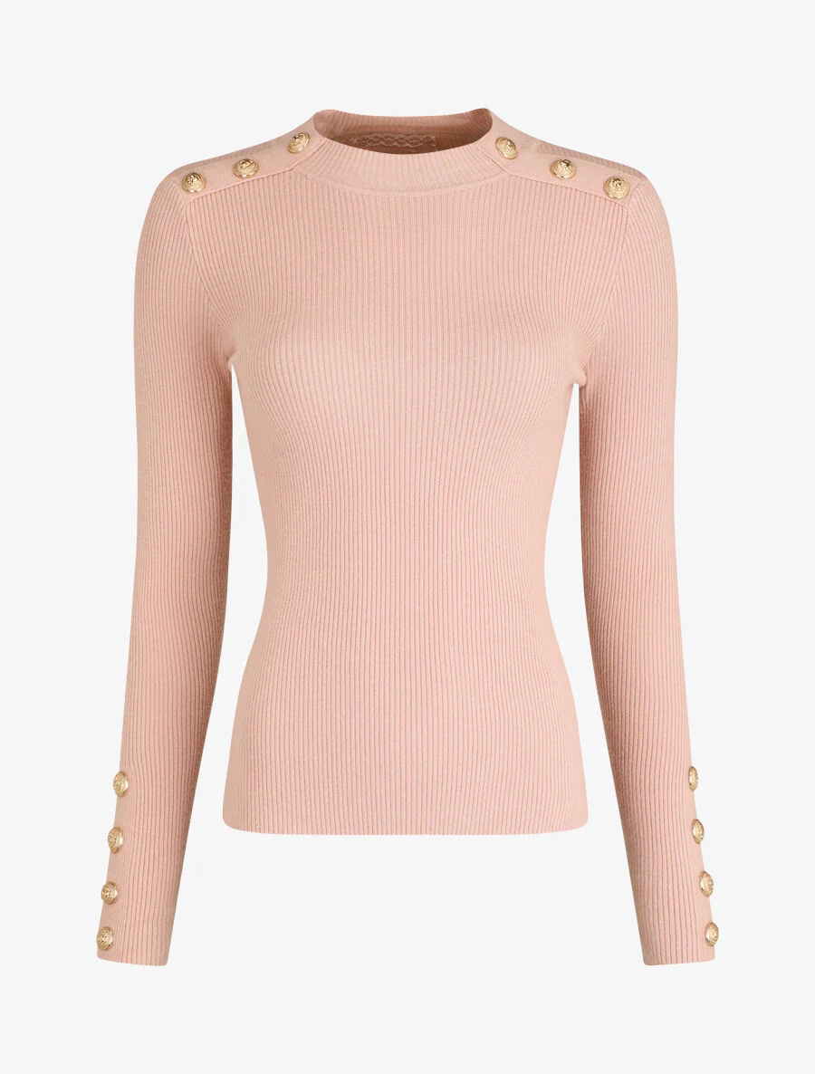 Pull ajusté à col montant boutonné - Rose poudré
