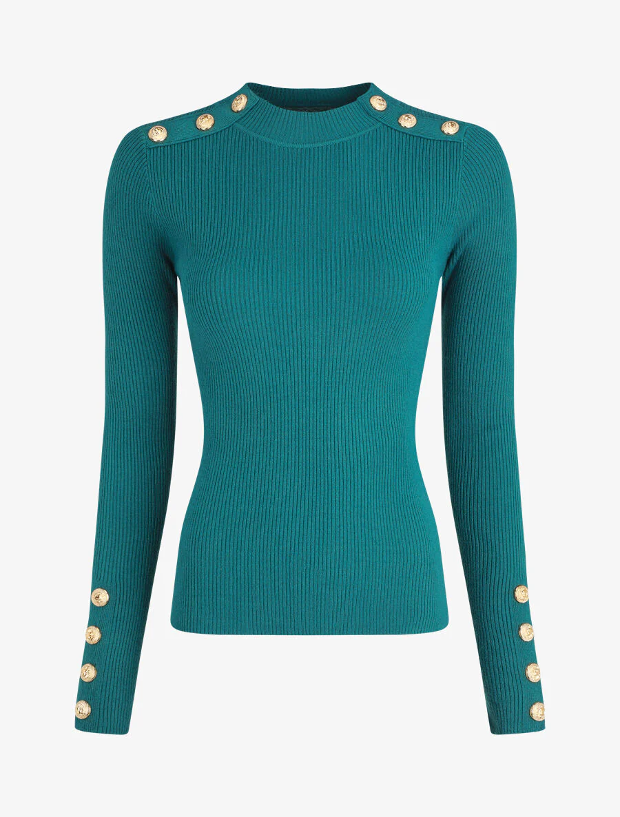 Pull ajusté à col montant boutonné - Bleu canard