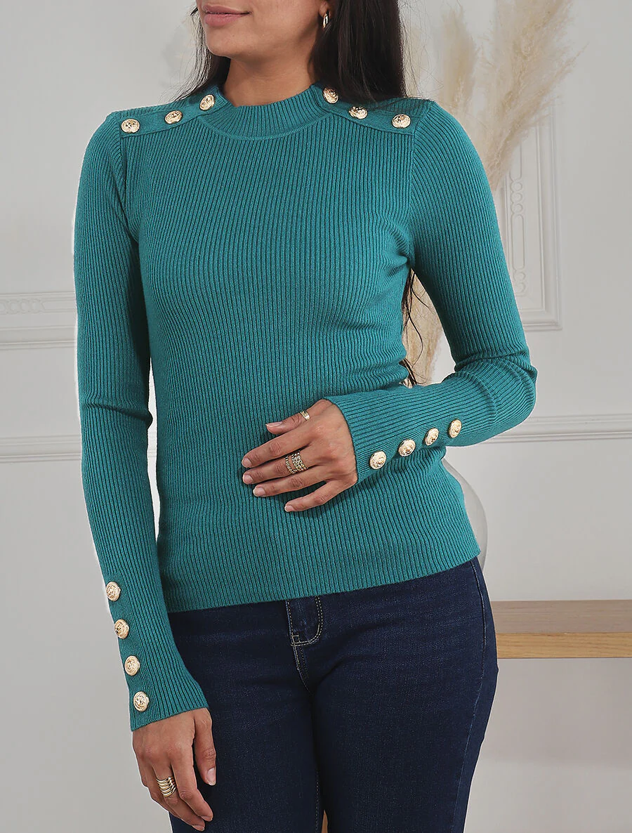 Pull ajusté à col montant boutonné - Bleu canard - Image 5
