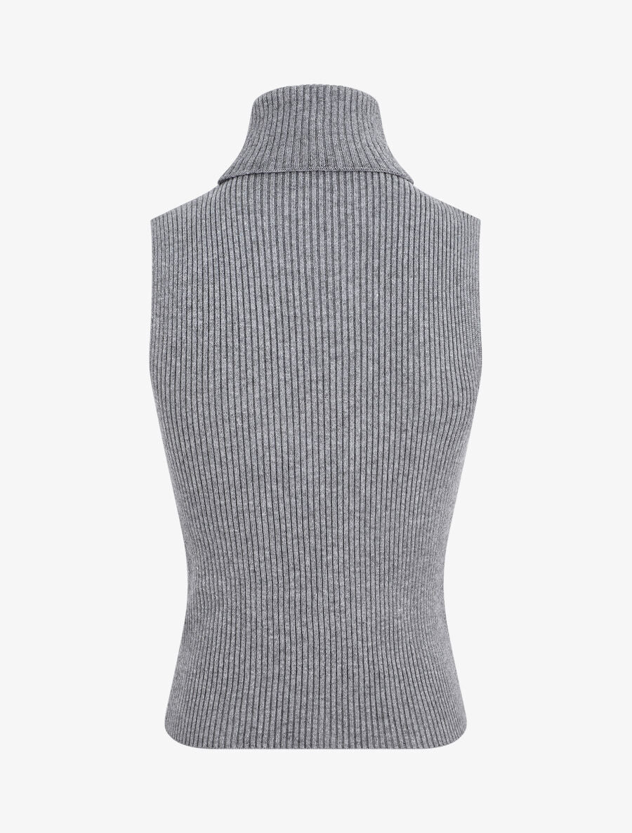 Pull ajusté sans manches à col roulé - Gris - Image 2