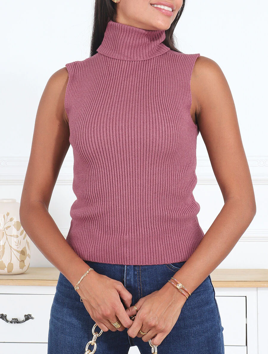 Pull ajusté sans manches à col roulé - Mauve - Image 4