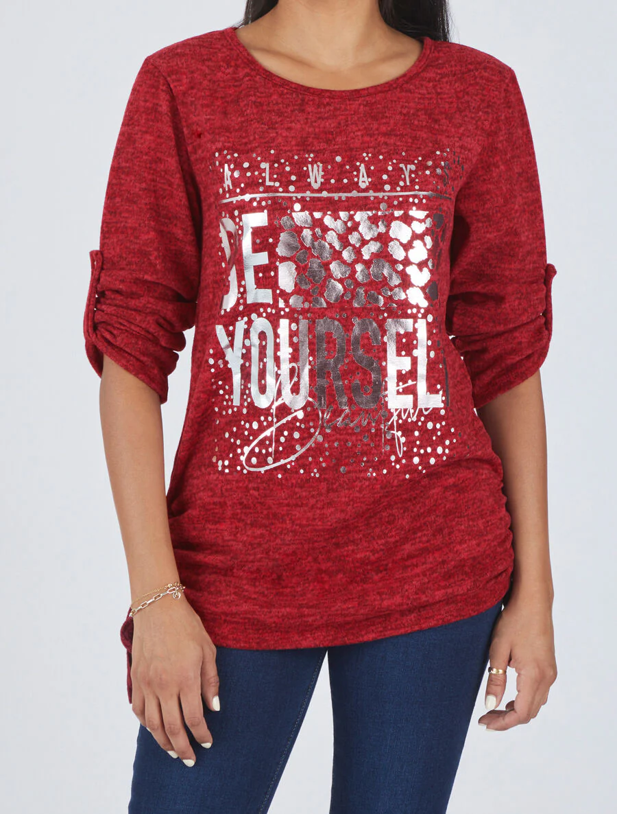 Pull ample à flocage Always be yourself - Rouge - Image 4