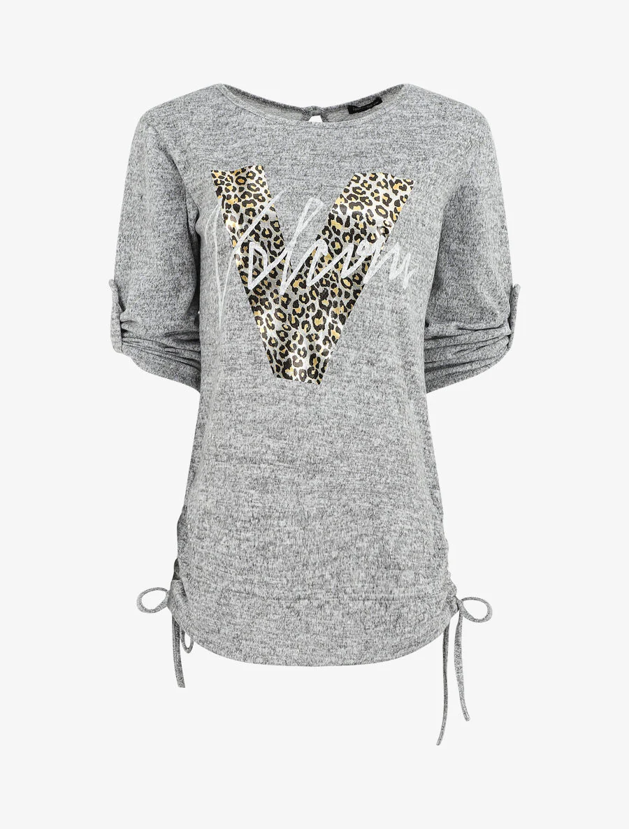 Pull ample à flocage V léopard - Gris chiné